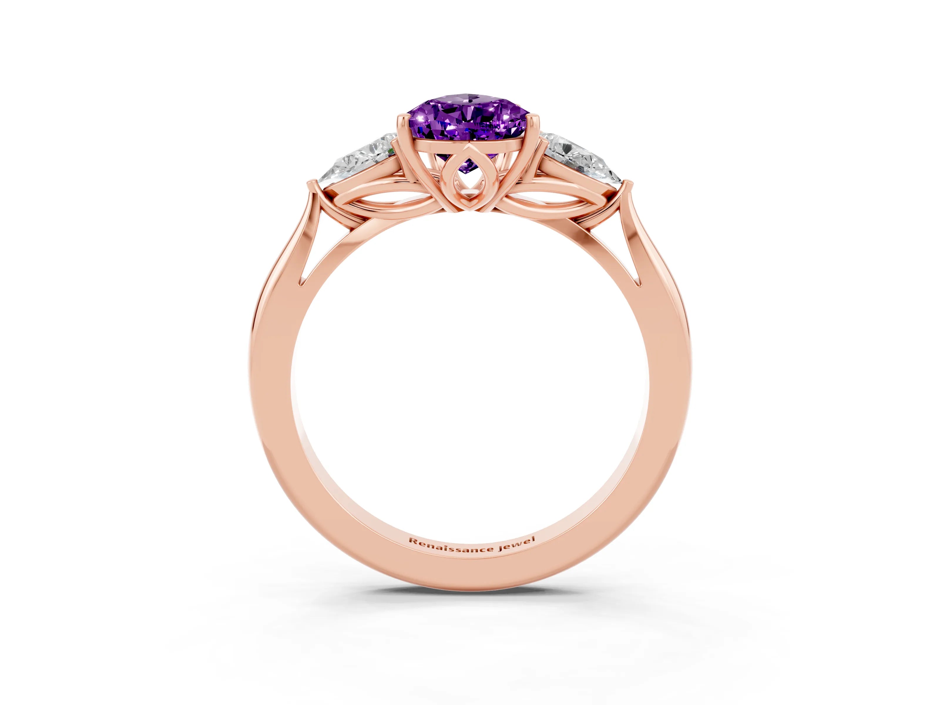 Rose gold Pear Cut Amethyst Three-Stone Ring with Pear Side Stones and Four-Prong Setting_15