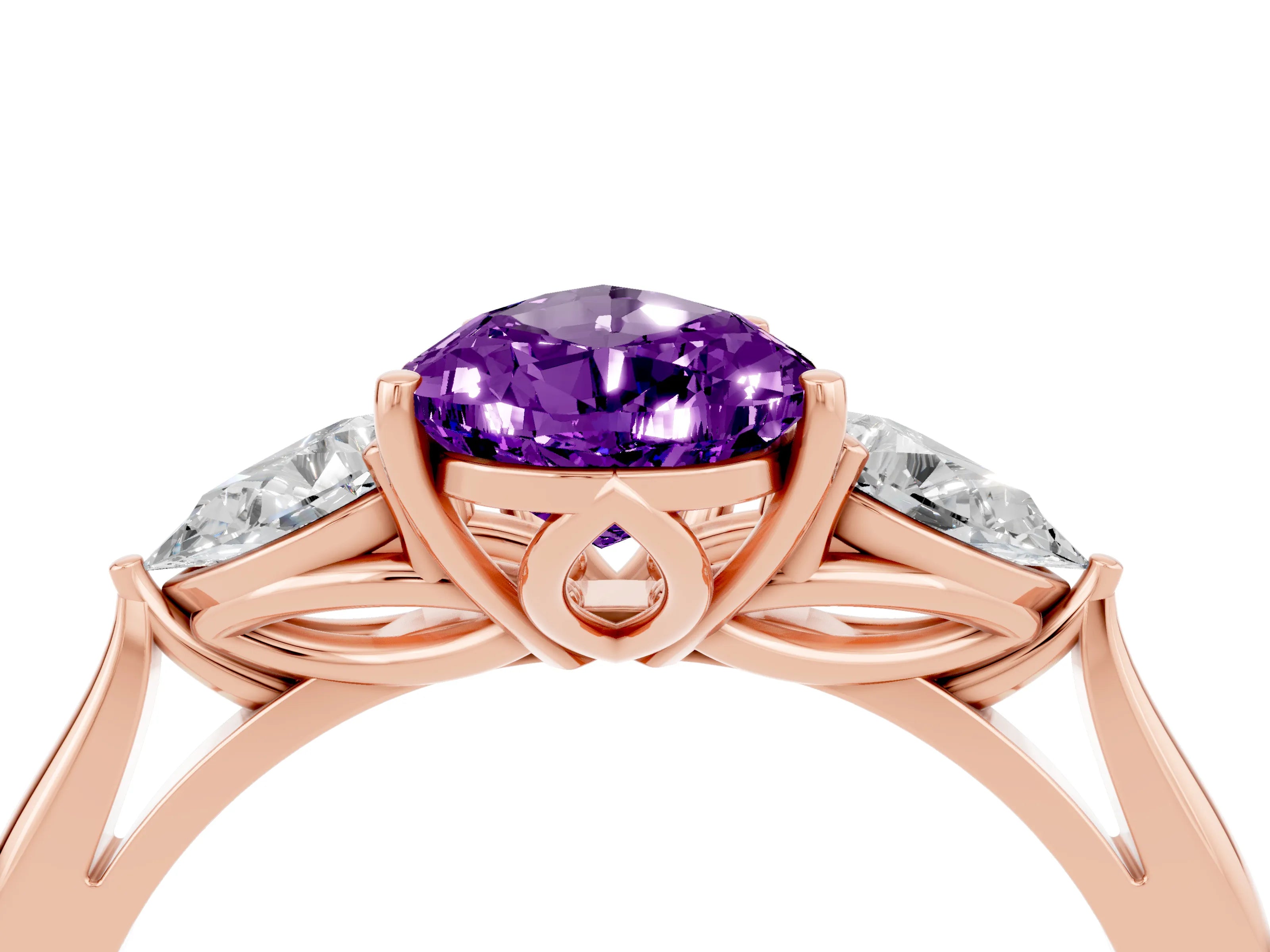 Rose gold Pear Cut Amethyst Three-Stone Ring with Pear Side Stones and Four-Prong Setting_16