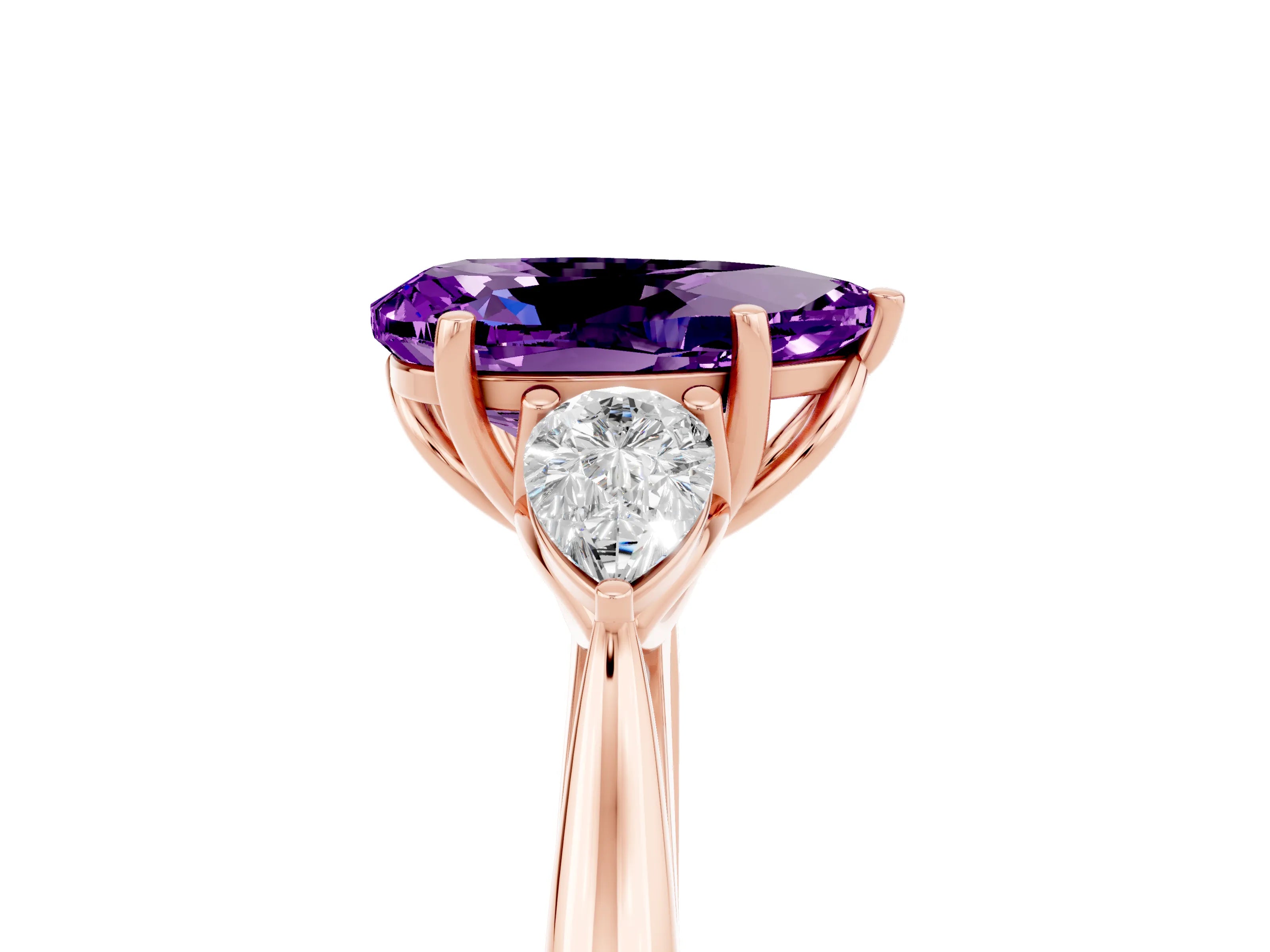 Rose gold Pear Cut Amethyst Three-Stone Ring with Pear Side Stones and Four-Prong Setting_17