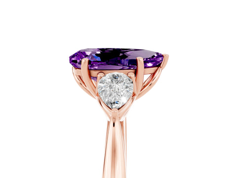 Rose gold Pear Cut Amethyst Three-Stone Ring with Pear Side Stones and Four-Prong Setting_17