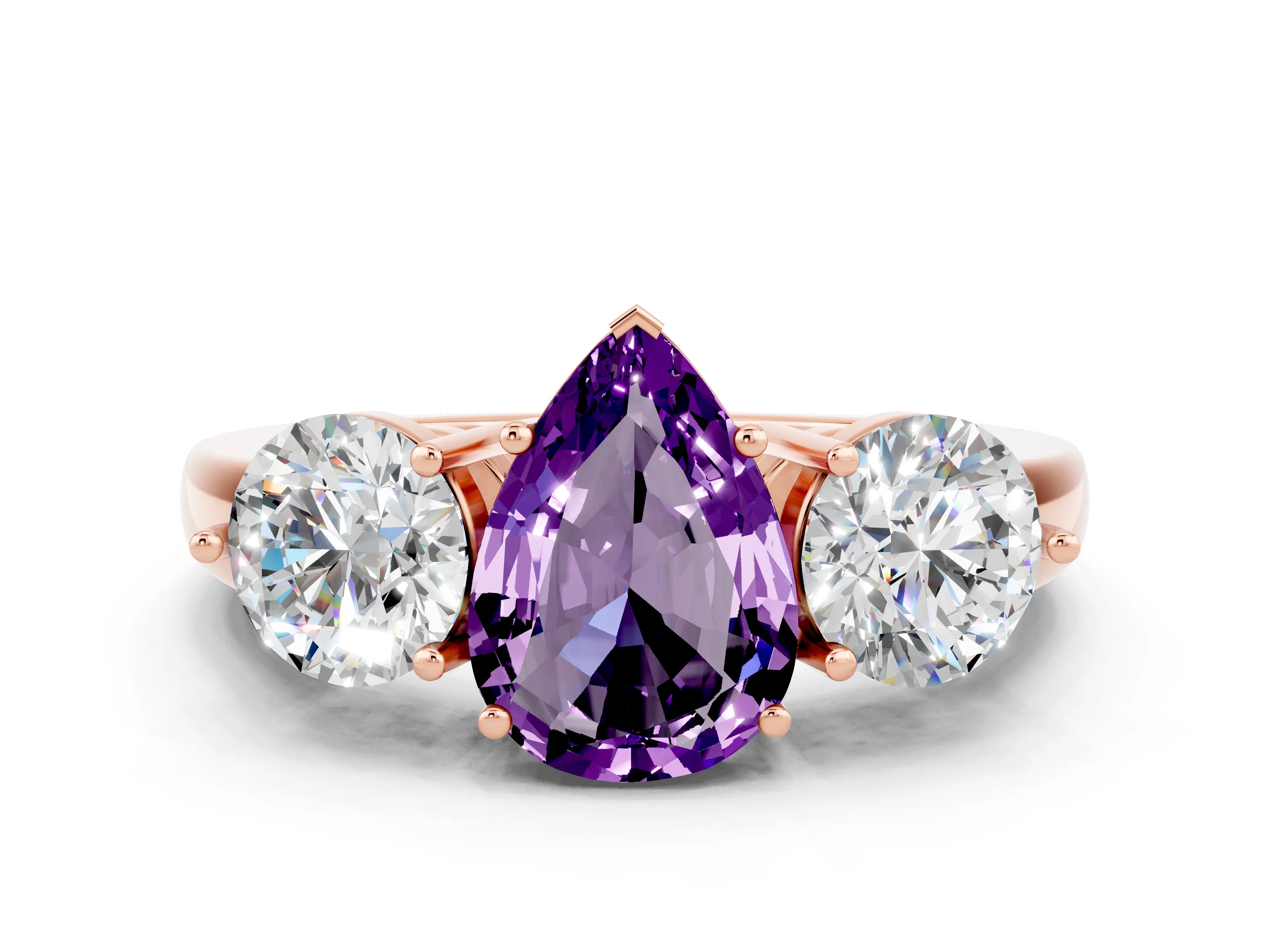Rose gold Pear Cut Amethyst Three-Stone Ring with Prong Setting and Classic Band