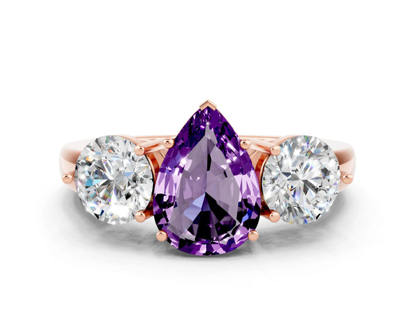 Rose gold Pear Cut Amethyst Three-Stone Ring with Prong Setting and Classic Band