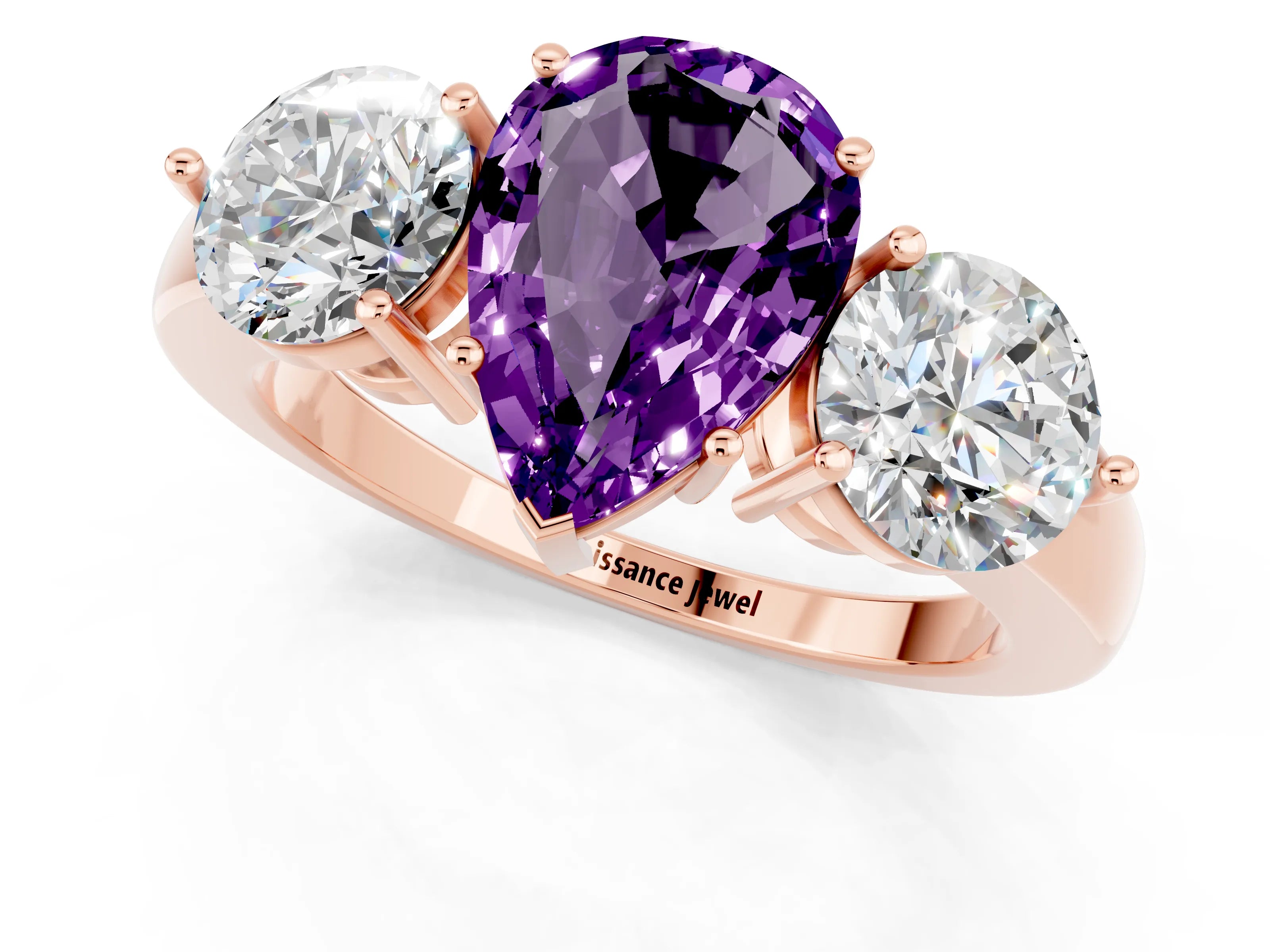 Rose gold Pear Cut Amethyst Three-Stone Ring with Prong Setting and Classic Band_1