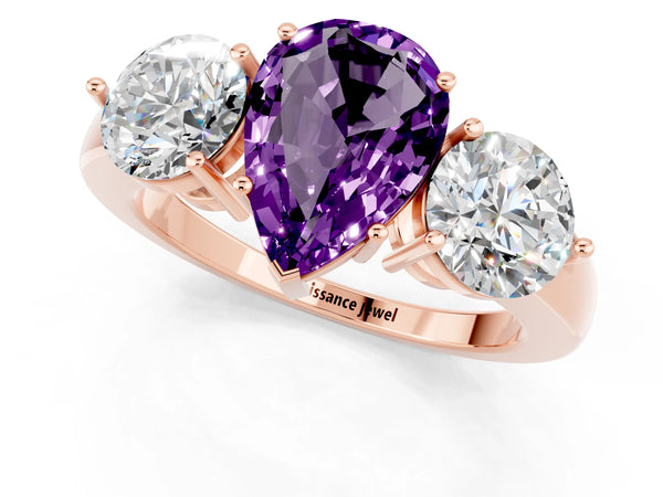 Rose gold Pear Cut Amethyst Three-Stone Ring with Prong Setting and Classic Band