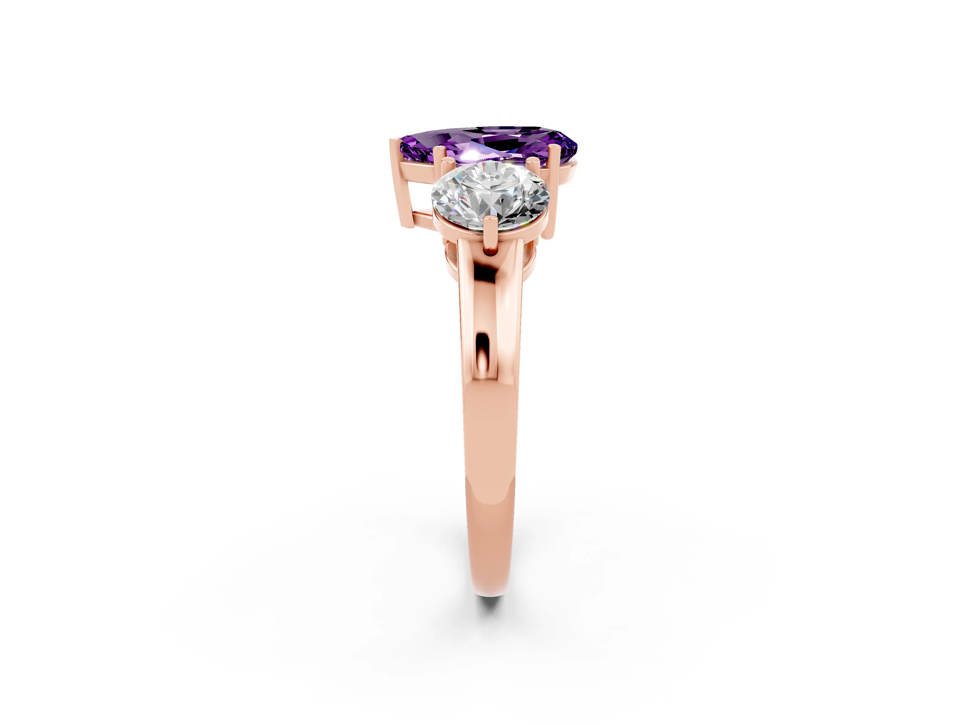 Rose gold Pear Cut Amethyst Three-Stone Ring with Prong Setting and Classic Band_2