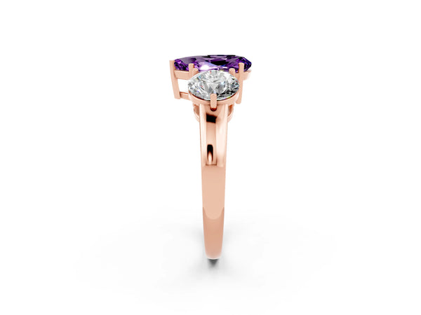 Rose gold Pear Cut Amethyst Three-Stone Ring with Prong Setting and Classic Band