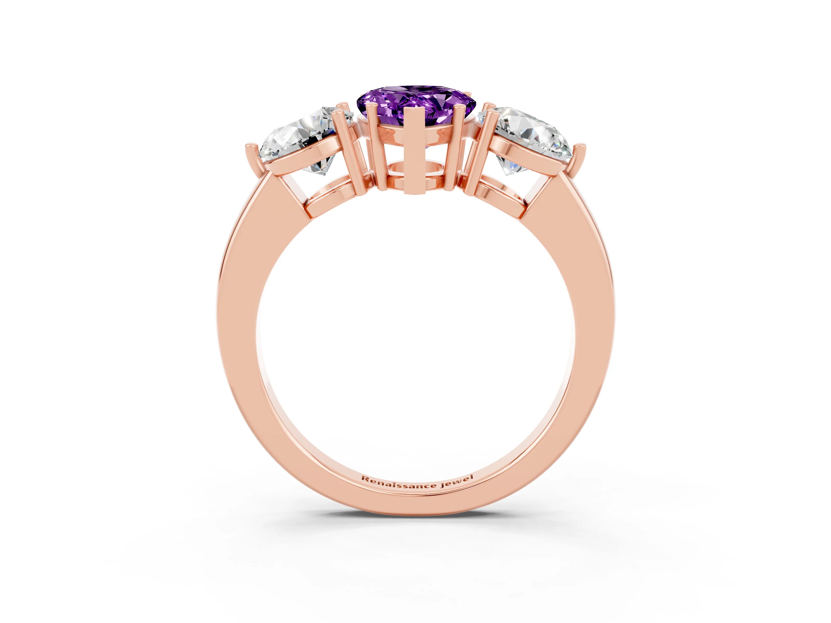Rose gold Pear Cut Amethyst Three-Stone Ring with Prong Setting and Classic Band_3