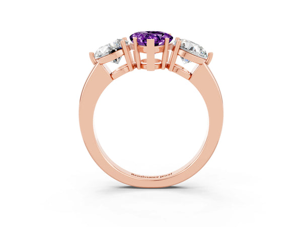 Rose gold Pear Cut Amethyst Three-Stone Ring with Prong Setting and Classic Band