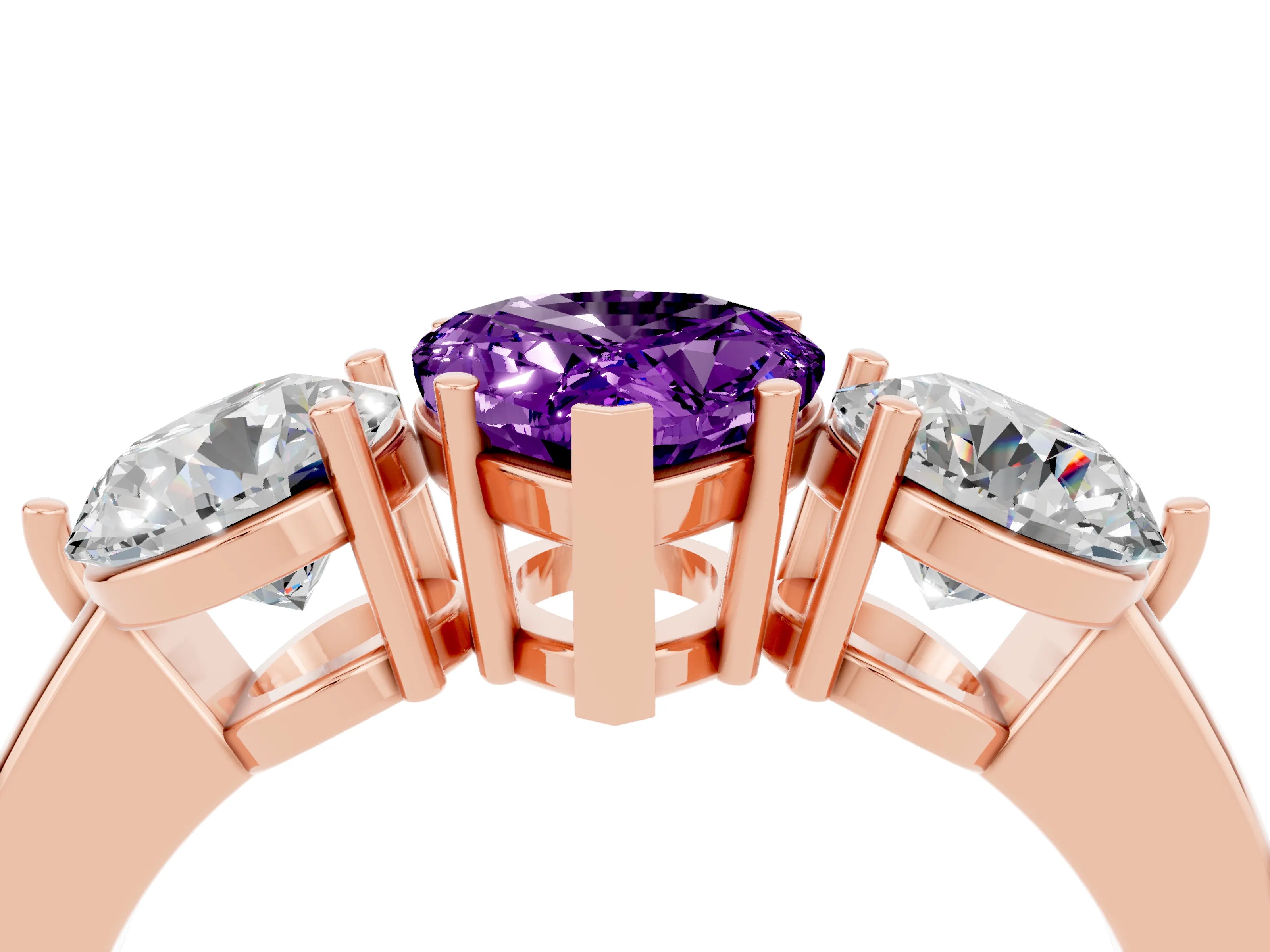 Rose gold Pear Cut Amethyst Three-Stone Ring with Prong Setting and Classic Band_4