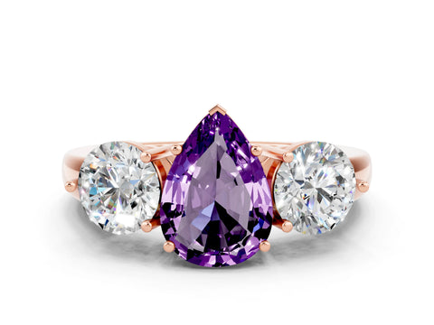 Rose gold Pear Cut Amethyst Three-Stone Ring with Prong Setting and Classic Band