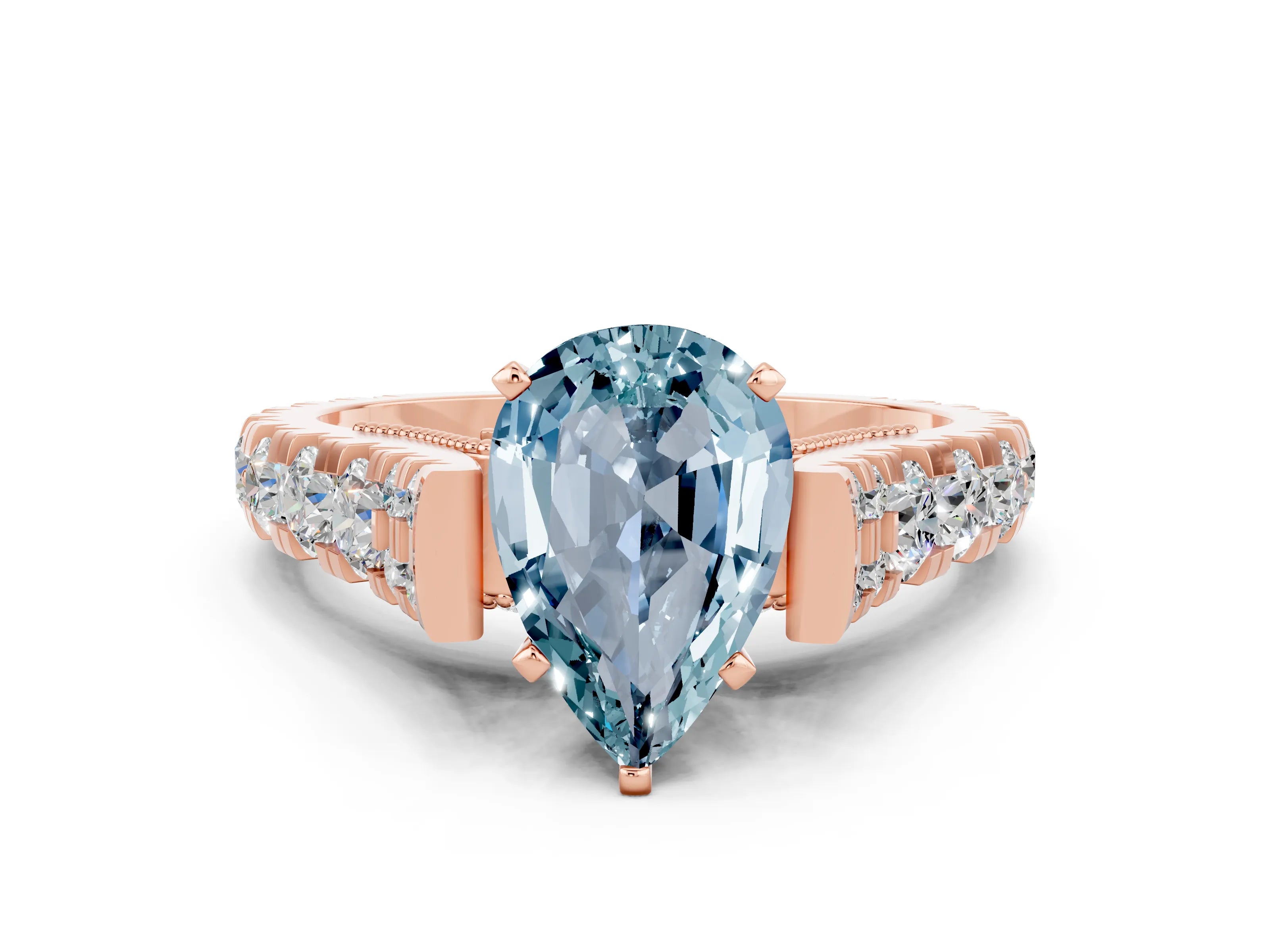 Rose gold Pear Cut Aquamarine Classic Solitaire Ring with Pavé Band and Four-Prong Setting