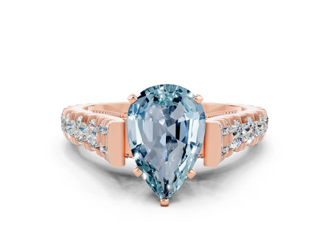 Rose gold Pear Cut Aquamarine Classic Solitaire Ring with Pavé Band and Four-Prong Setting