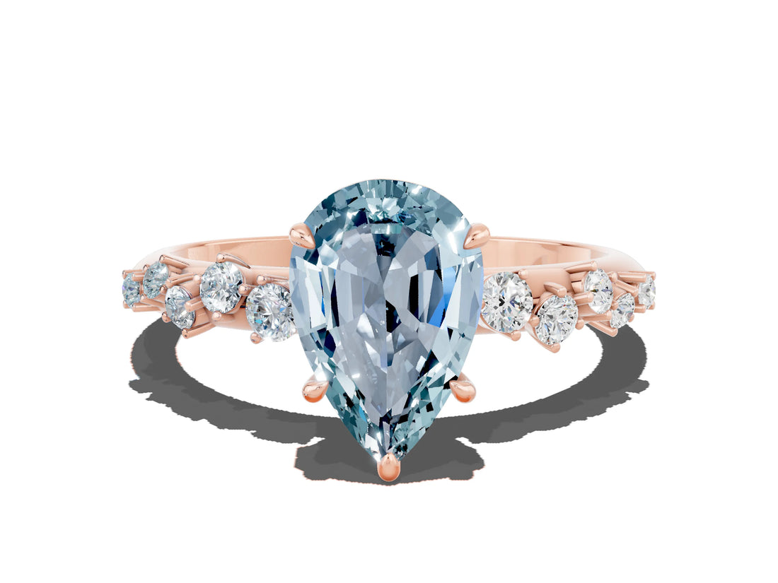 Rose gold Pear Cut Aquamarine Cluster Side Stone Solitaire Ring with Prong Setting_24