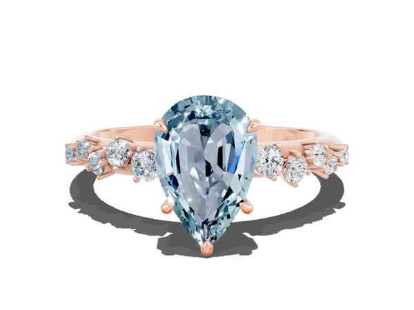 Rose gold Pear Cut Aquamarine Cluster Side Stone Solitaire Ring with Prong Setting