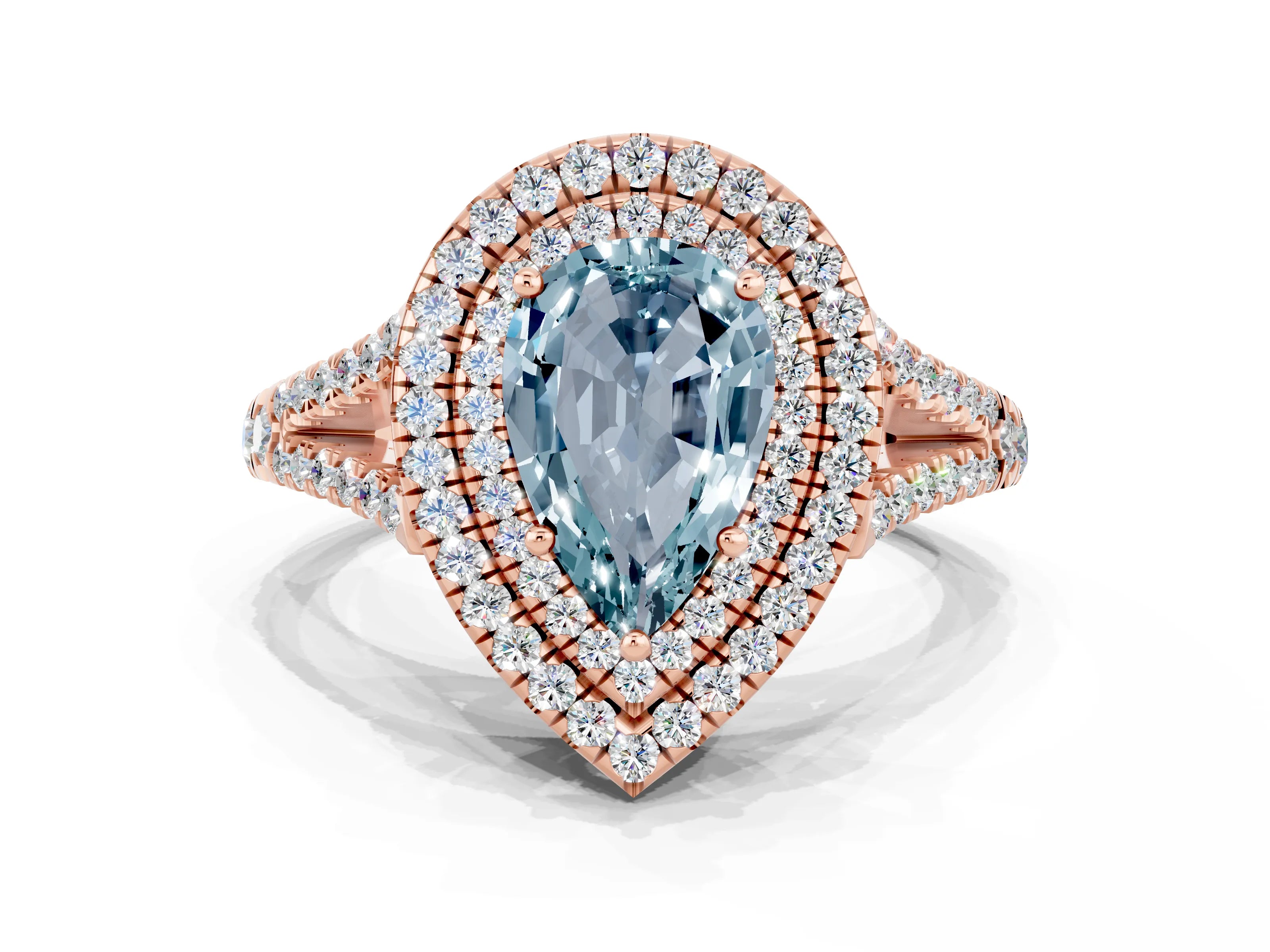 Rose gold Pear Cut Aquamarine Double Halo Ring with Pavé Band and Prong Setting_12