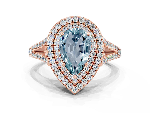 Rose gold Pear Cut Aquamarine Double Halo Ring with Pavé Band and Prong Setting