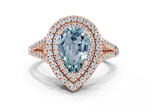 Rose gold Pear Cut Aquamarine Double Halo Ring with Pavé Band and Prong Setting_12