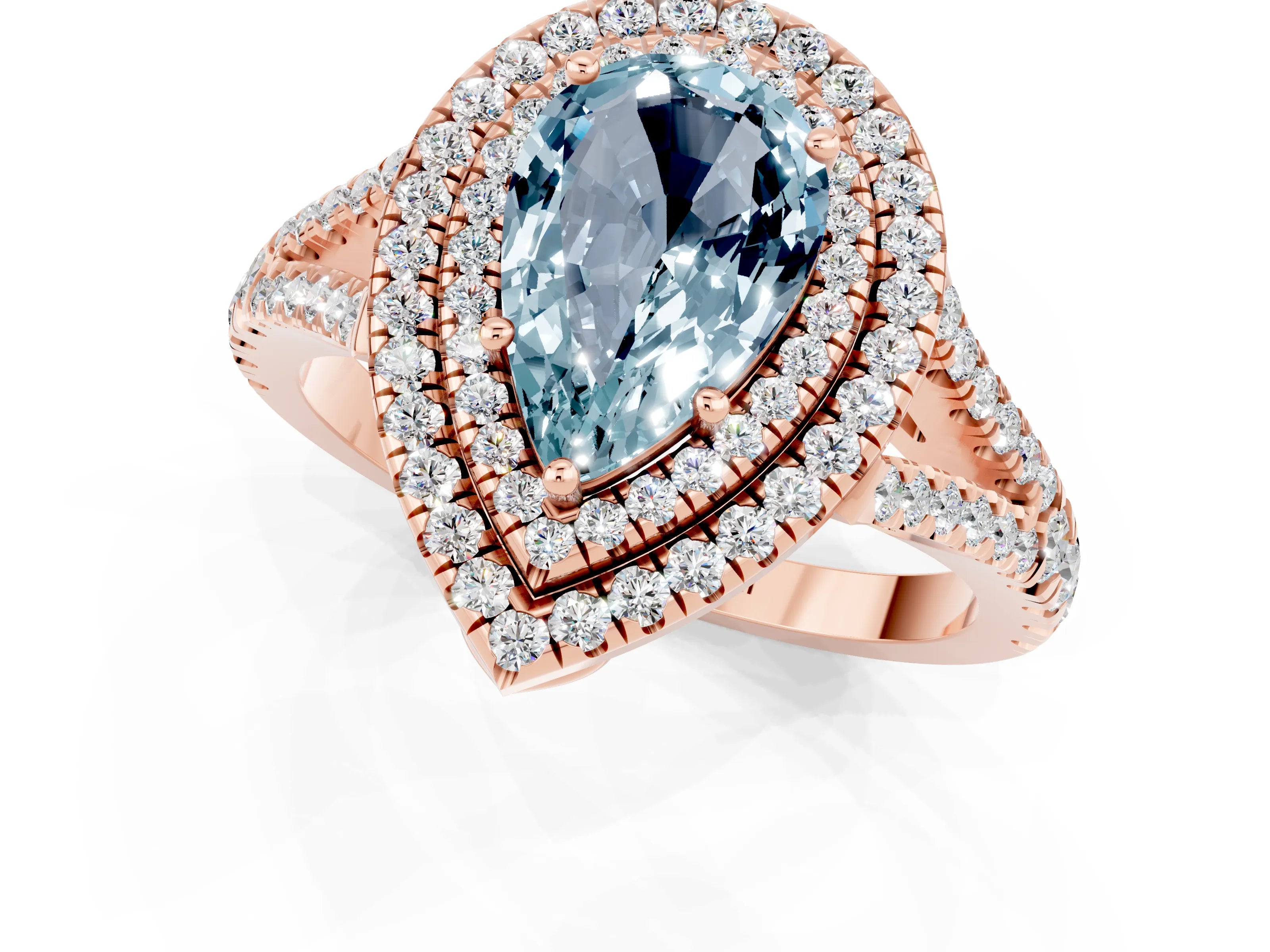 Rose gold Pear Cut Aquamarine Double Halo Ring with Pavé Band and Prong Setting_13