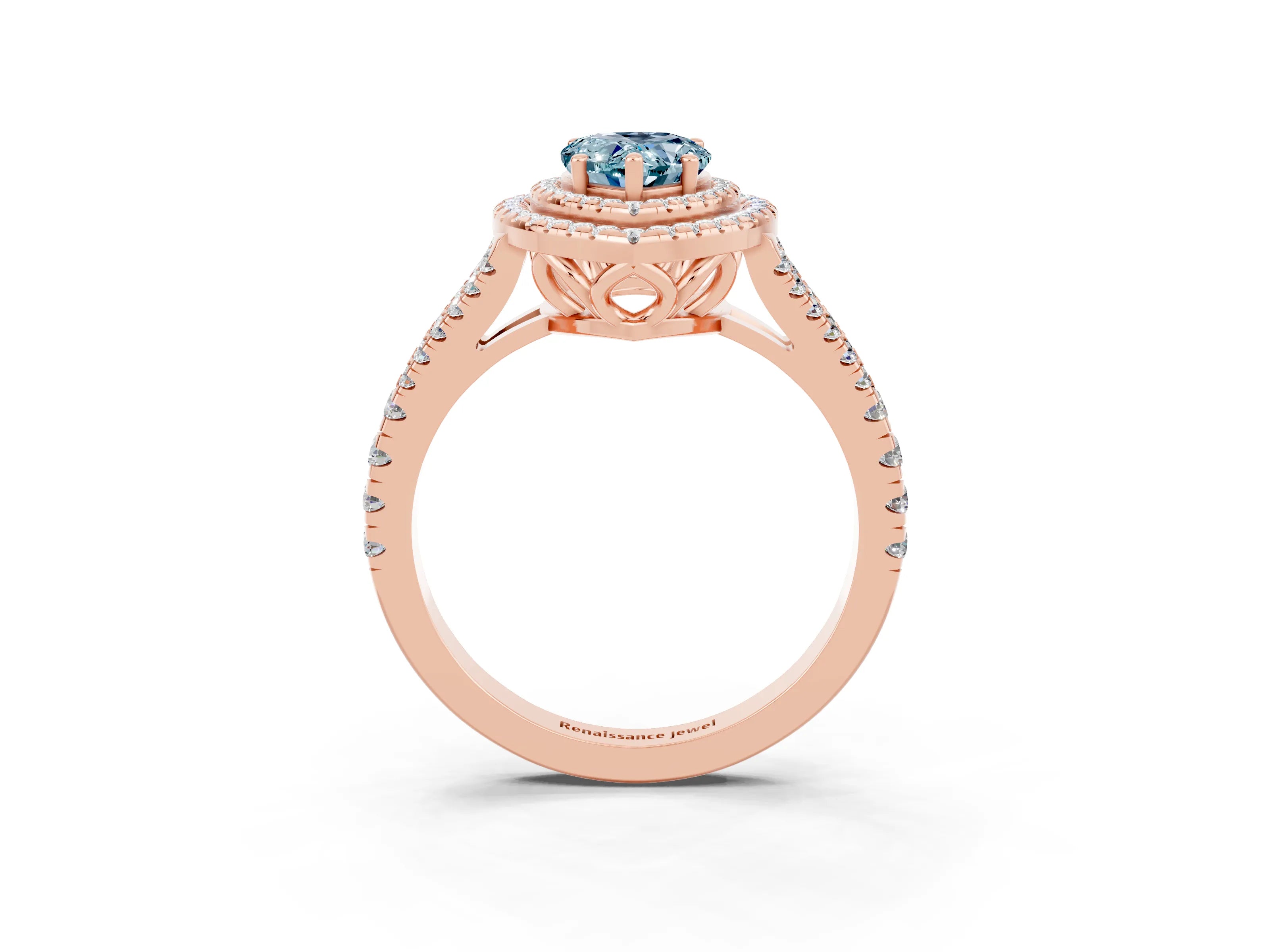 Rose gold Pear Cut Aquamarine Double Halo Ring with Pavé Band and Prong Setting_15