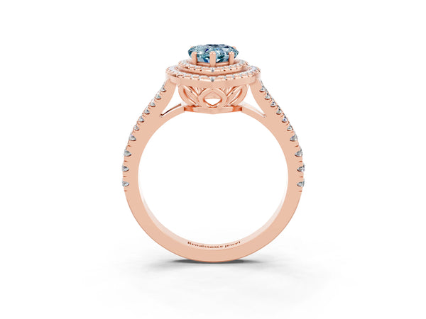 Rose gold Pear Cut Aquamarine Double Halo Ring with Pavé Band and Prong Setting