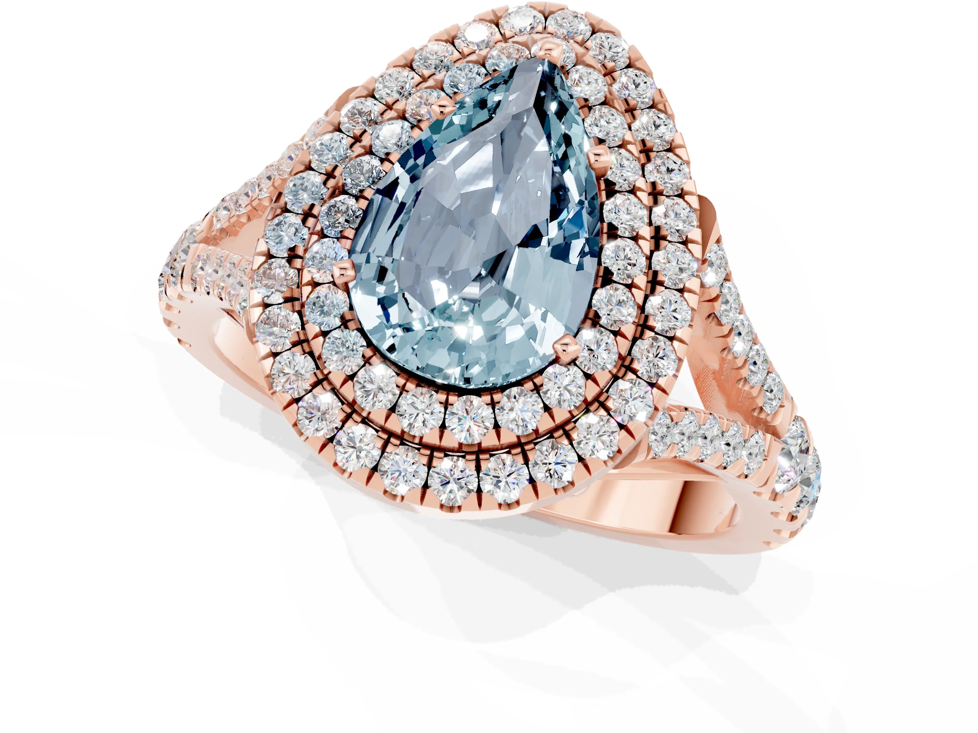 Rose gold Pear Cut Aquamarine Double Halo Ring with Split Shank and Prong Setting_13