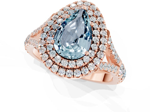 Rose gold Pear Cut Aquamarine Double Halo Ring with Split Shank and Prong Setting_13
