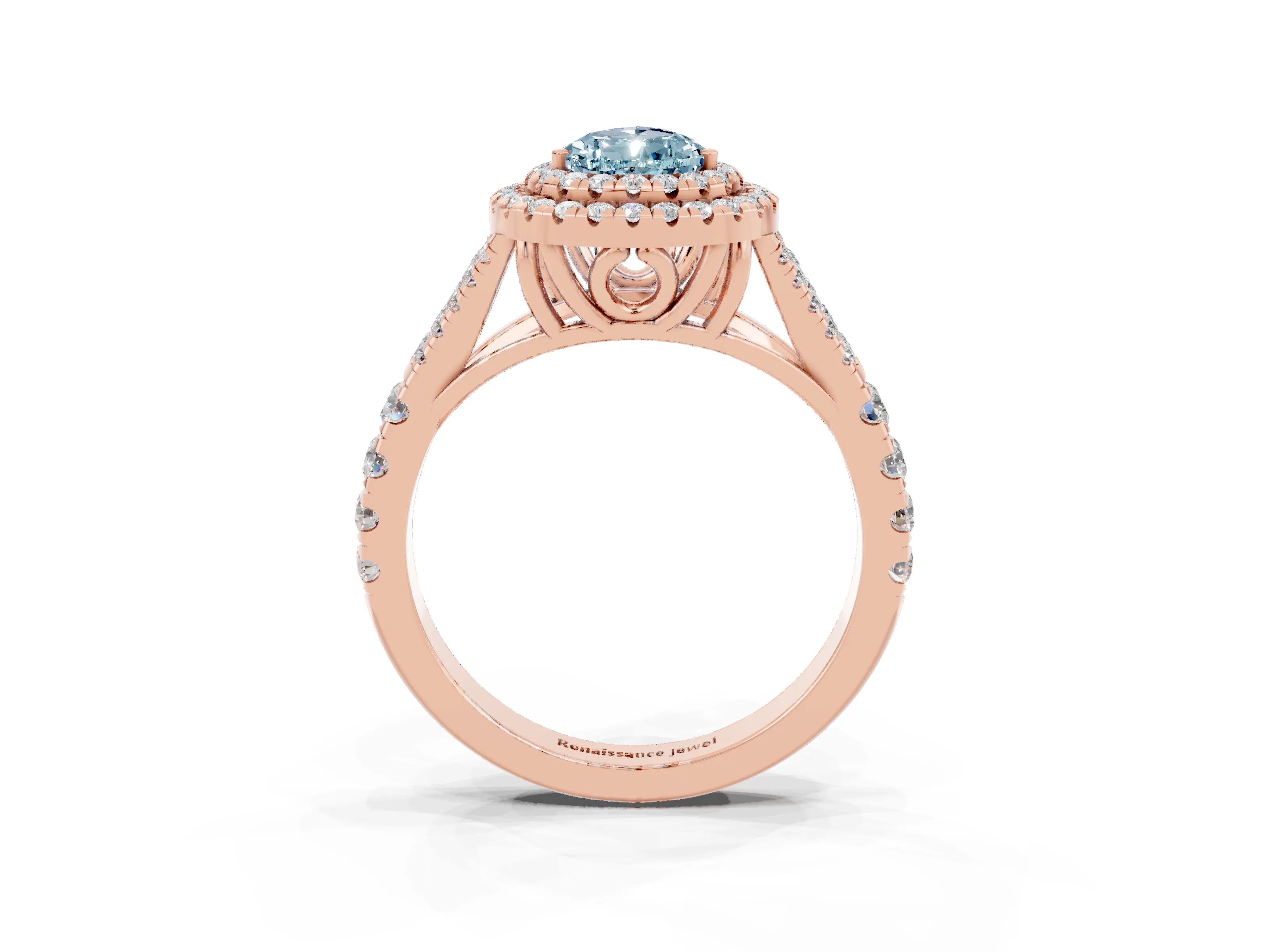 Rose gold Pear Cut Aquamarine Double Halo Ring with Split Shank and Prong Setting_15