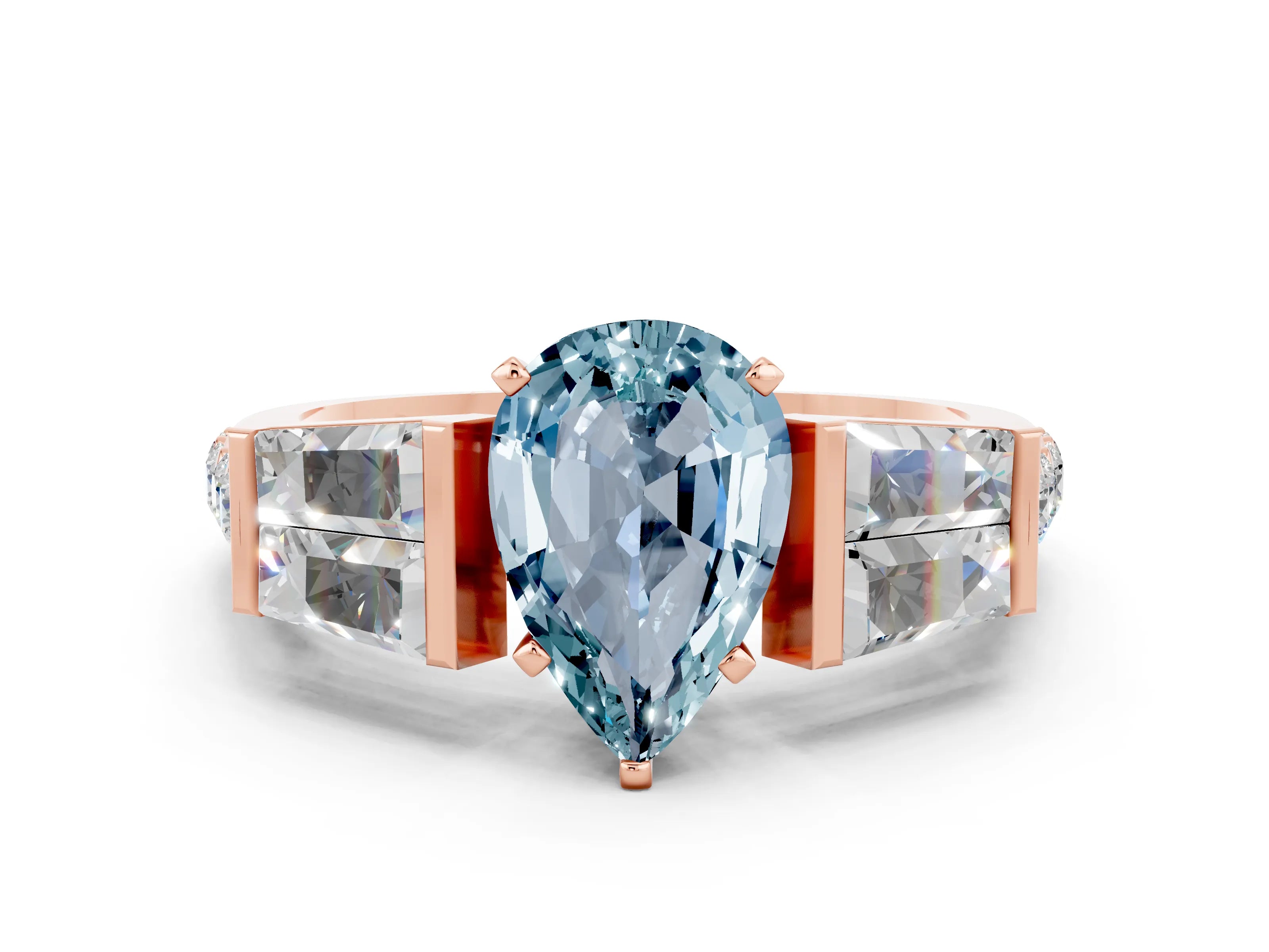 Rose gold Pear Cut Aquamarine Engagement Ring with Baguette Side Stones and Channel Set Band