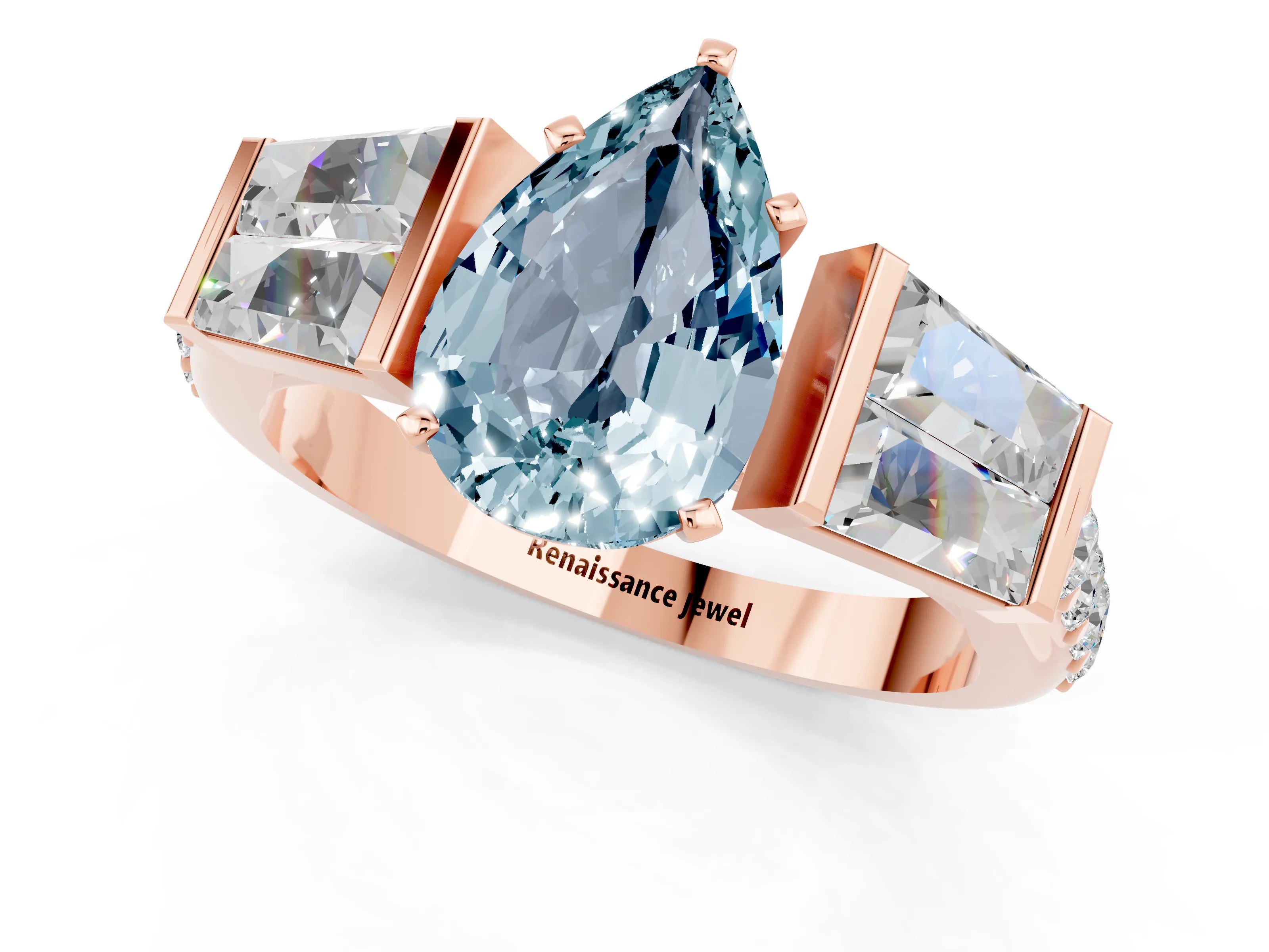 Rose gold Pear Cut Aquamarine Engagement Ring with Baguette Side Stones and Channel Set Band_1
