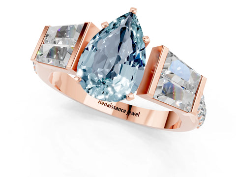 Rose gold Pear Cut Aquamarine Engagement Ring with Baguette Side Stones and Channel Set Band_1