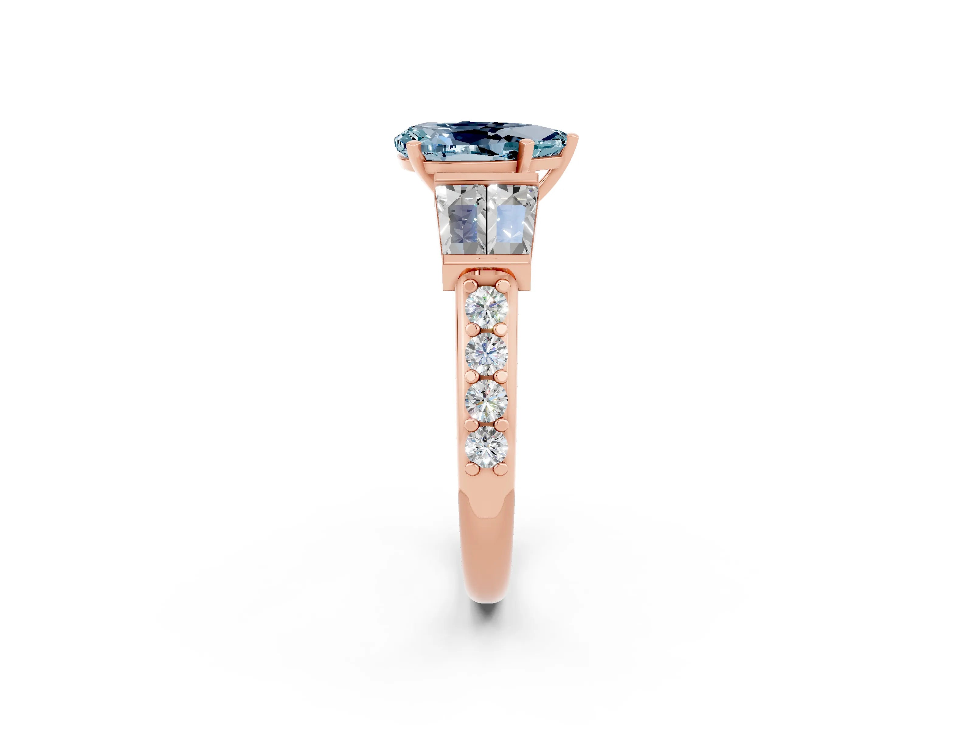 Rose gold Pear Cut Aquamarine Engagement Ring with Baguette Side Stones and Channel Set Band_2