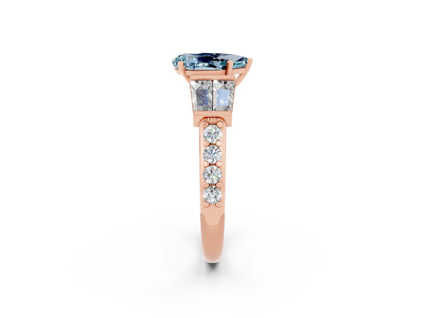 Rose gold Pear Cut Aquamarine Engagement Ring with Baguette Side Stones and Channel Set Band