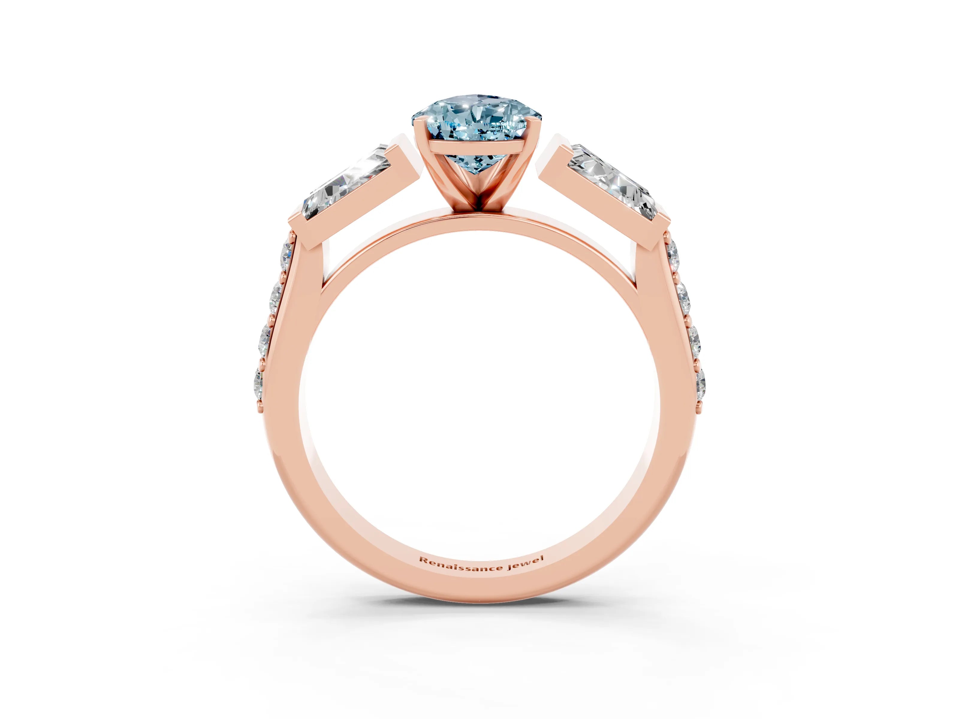 Rose gold Pear Cut Aquamarine Engagement Ring with Baguette Side Stones and Channel Set Band_3