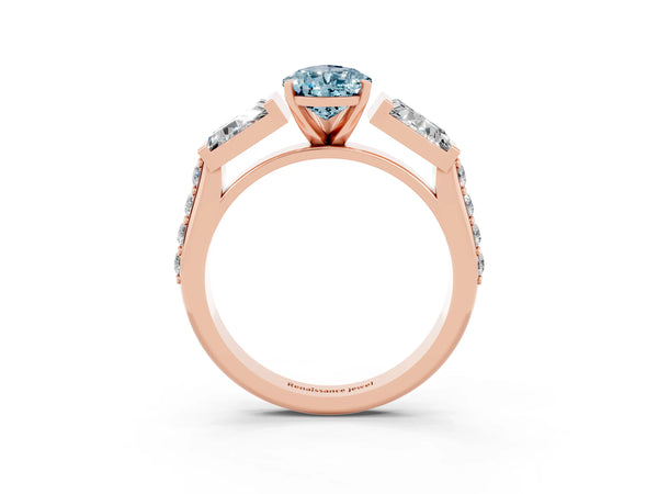 Rose gold Pear Cut Aquamarine Engagement Ring with Baguette Side Stones and Channel Set Band