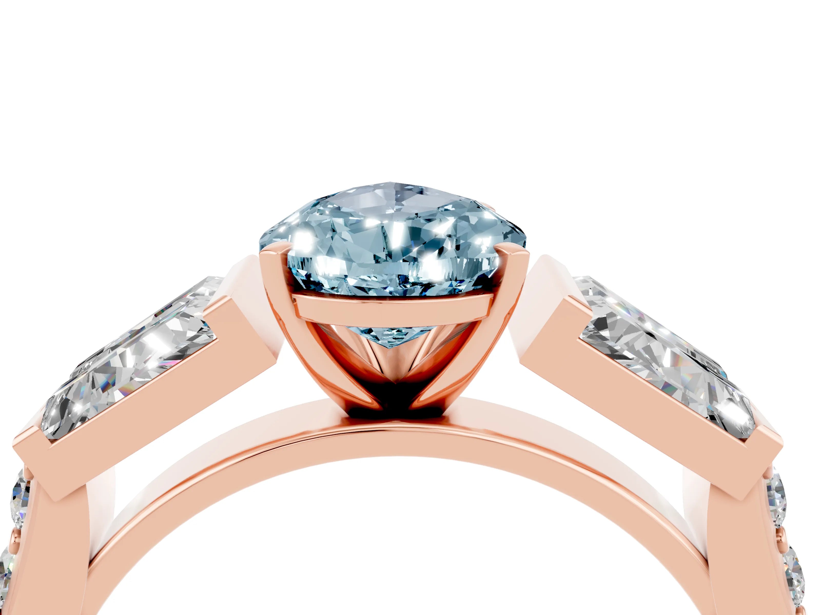 Rose gold Pear Cut Aquamarine Engagement Ring with Baguette Side Stones and Channel Set Band_4