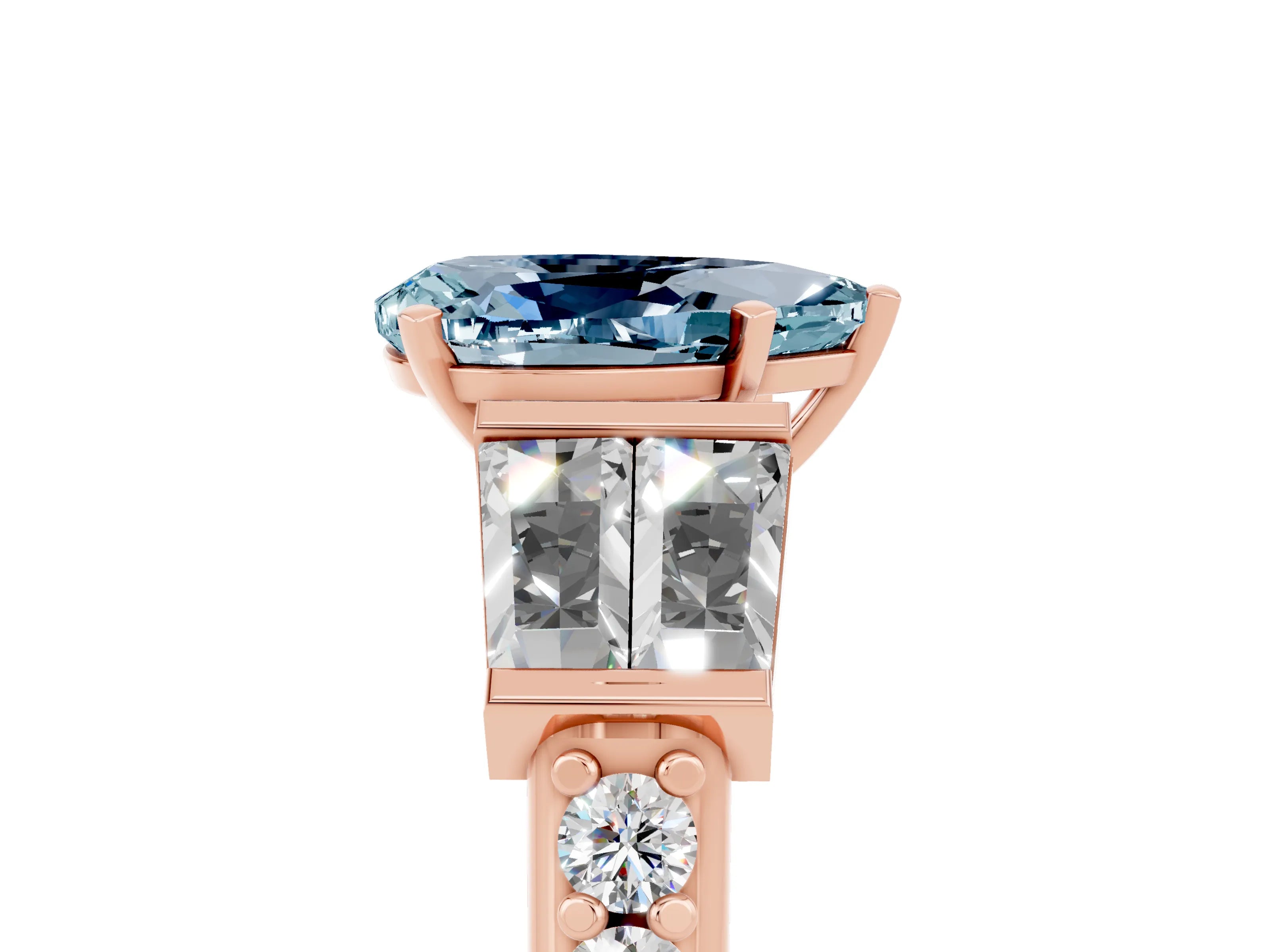 Rose gold Pear Cut Aquamarine Engagement Ring with Baguette Side Stones and Channel Set Band_5
