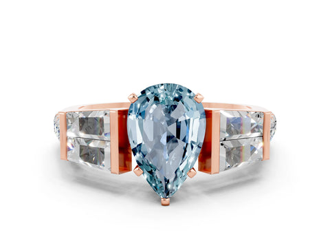 Rose gold Pear Cut Aquamarine Engagement Ring with Baguette Side Stones and Channel Set Band