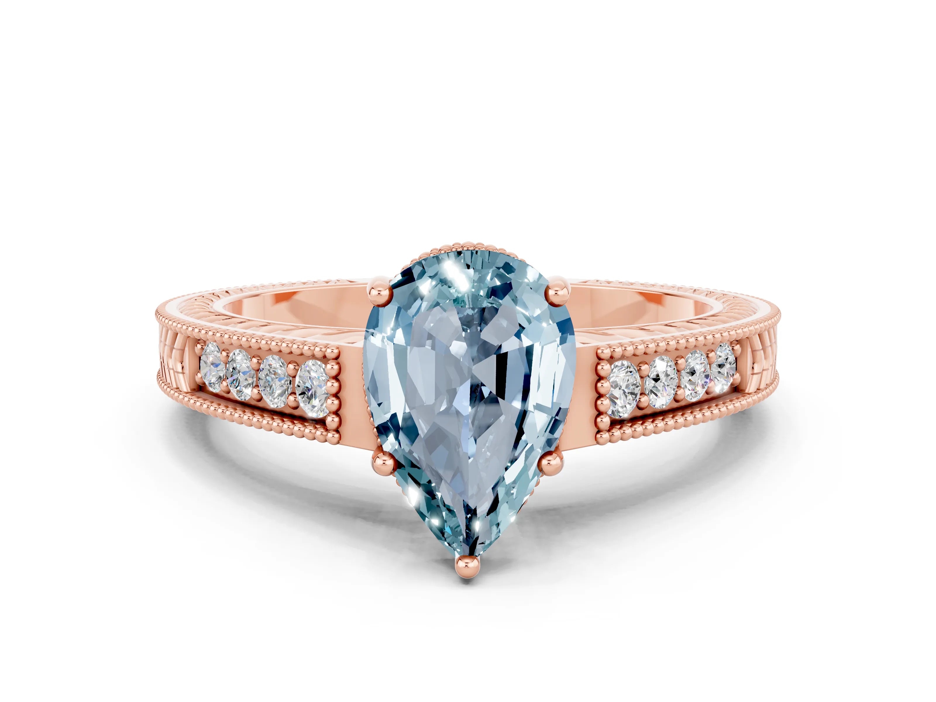 Rose gold Pear Cut Aquamarine Engagement Ring with Milgrain Channel Set Band and Prong Setting