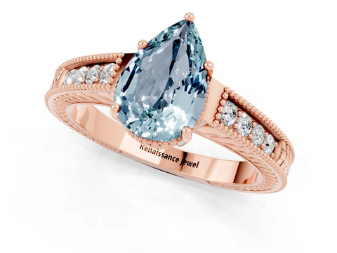 Rose gold Pear Cut Aquamarine Engagement Ring with Milgrain Channel Set Band and Prong Setting_1