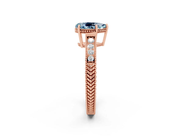 Rose gold Pear Cut Aquamarine Engagement Ring with Milgrain Channel Set Band and Prong Setting