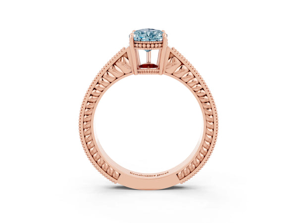 Rose gold Pear Cut Aquamarine Engagement Ring with Milgrain Channel Set Band and Prong Setting