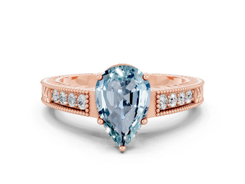 Rose gold Pear Cut Aquamarine Engagement Ring with Milgrain Channel Set Band and Prong Setting