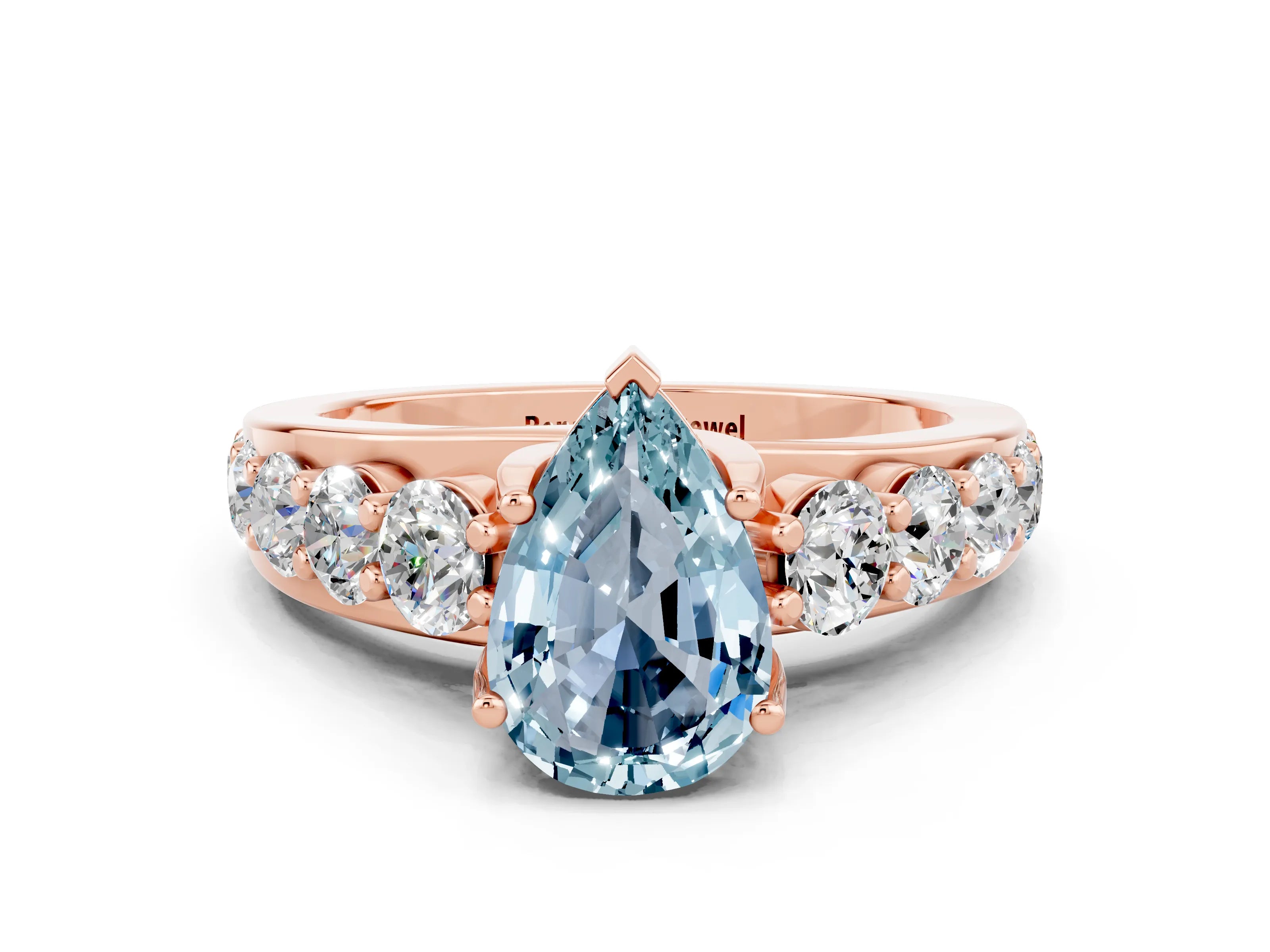 Rose gold Pear Cut Aquamarine Engagement Ring with Pavé Band and Four-Prong Setting