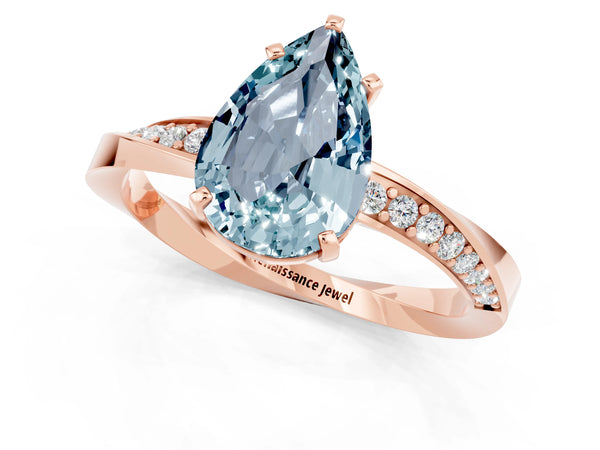 Rose gold Pear Cut Aquamarine Engagement Ring with Side Stone Accents and Four-Prong Setting