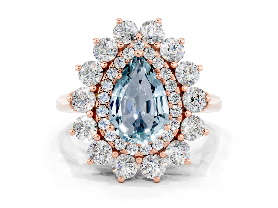 Rose gold Pear Cut Aquamarine Floral Double Halo Engagement Ring with Prong Setting_48