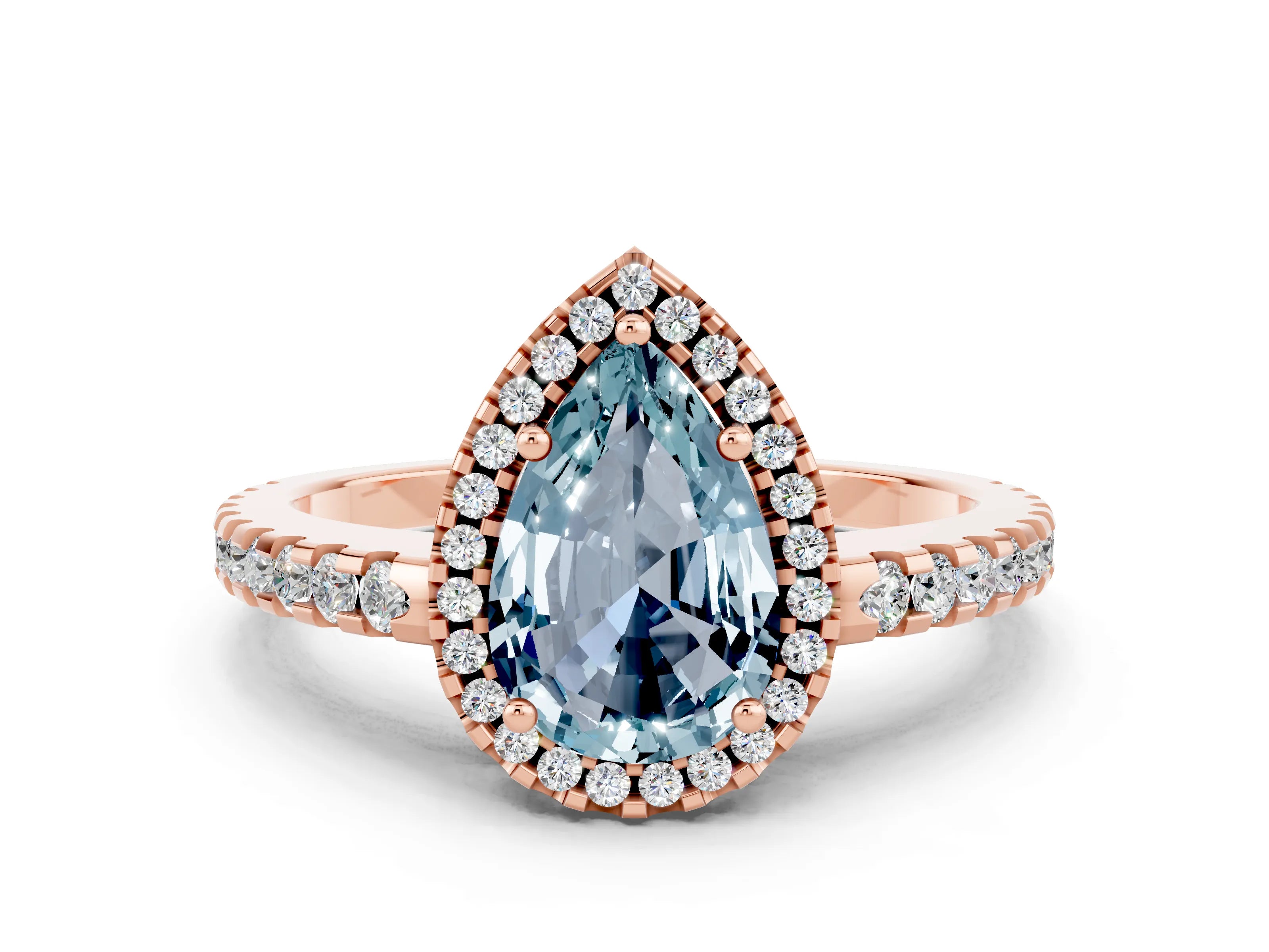 Rose gold Pear Cut Aquamarine Halo Engagement Ring with Pavé Band and Prong Setting_12