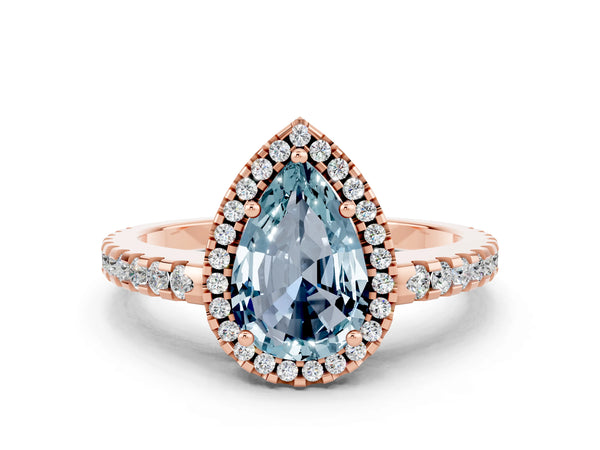 Rose gold Pear Cut Aquamarine Halo Engagement Ring with Pavé Band and Prong Setting