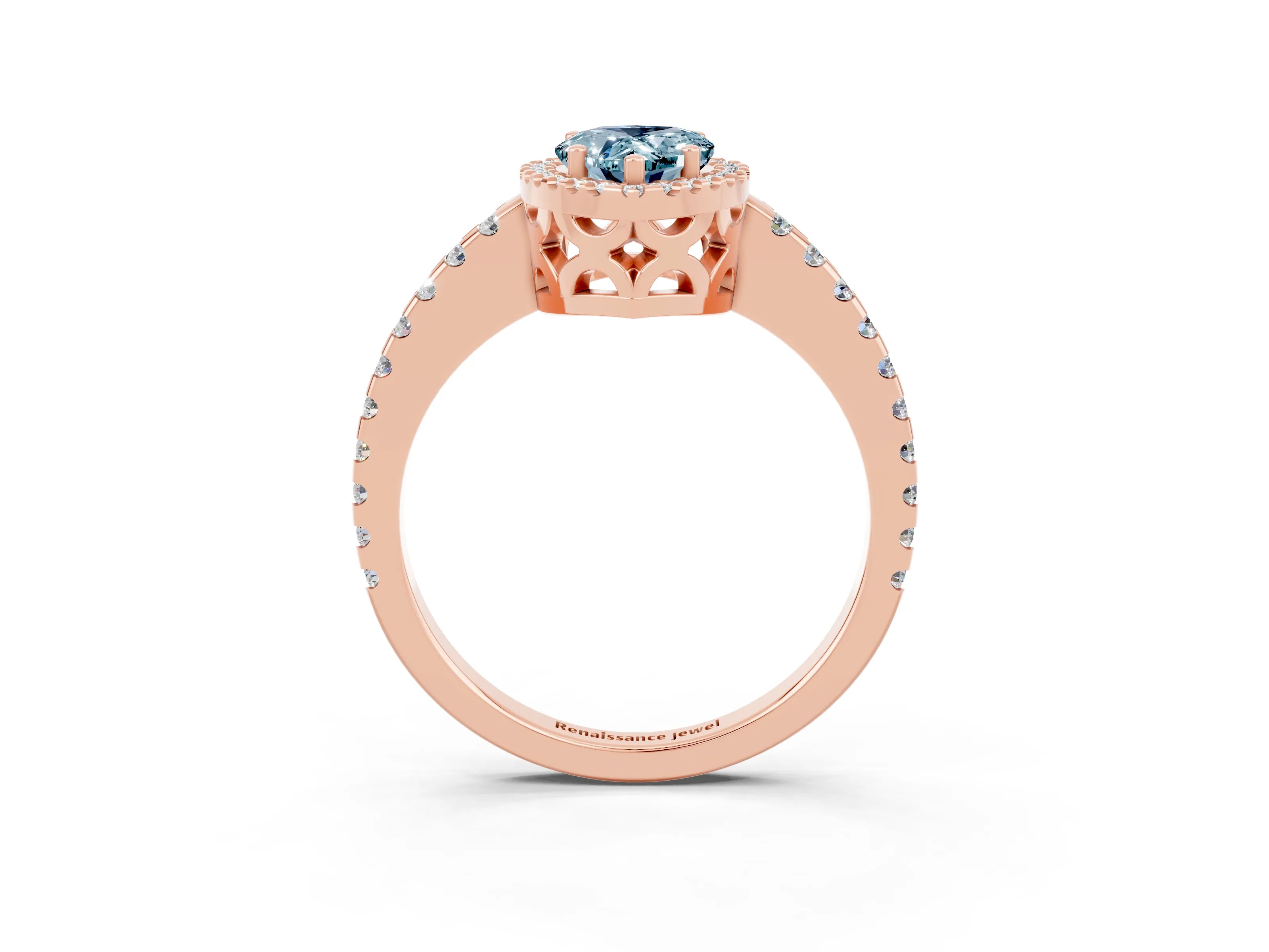 Rose gold Pear Cut Aquamarine Halo Engagement Ring with Pavé Band and Prong Setting_15