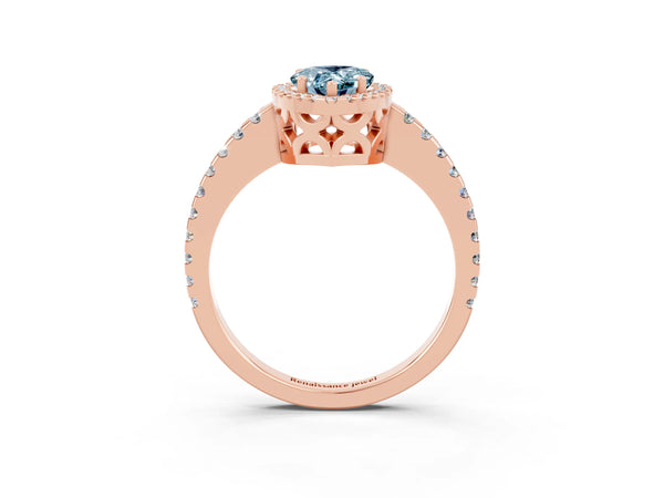 Rose gold Pear Cut Aquamarine Halo Engagement Ring with Pavé Band and Prong Setting