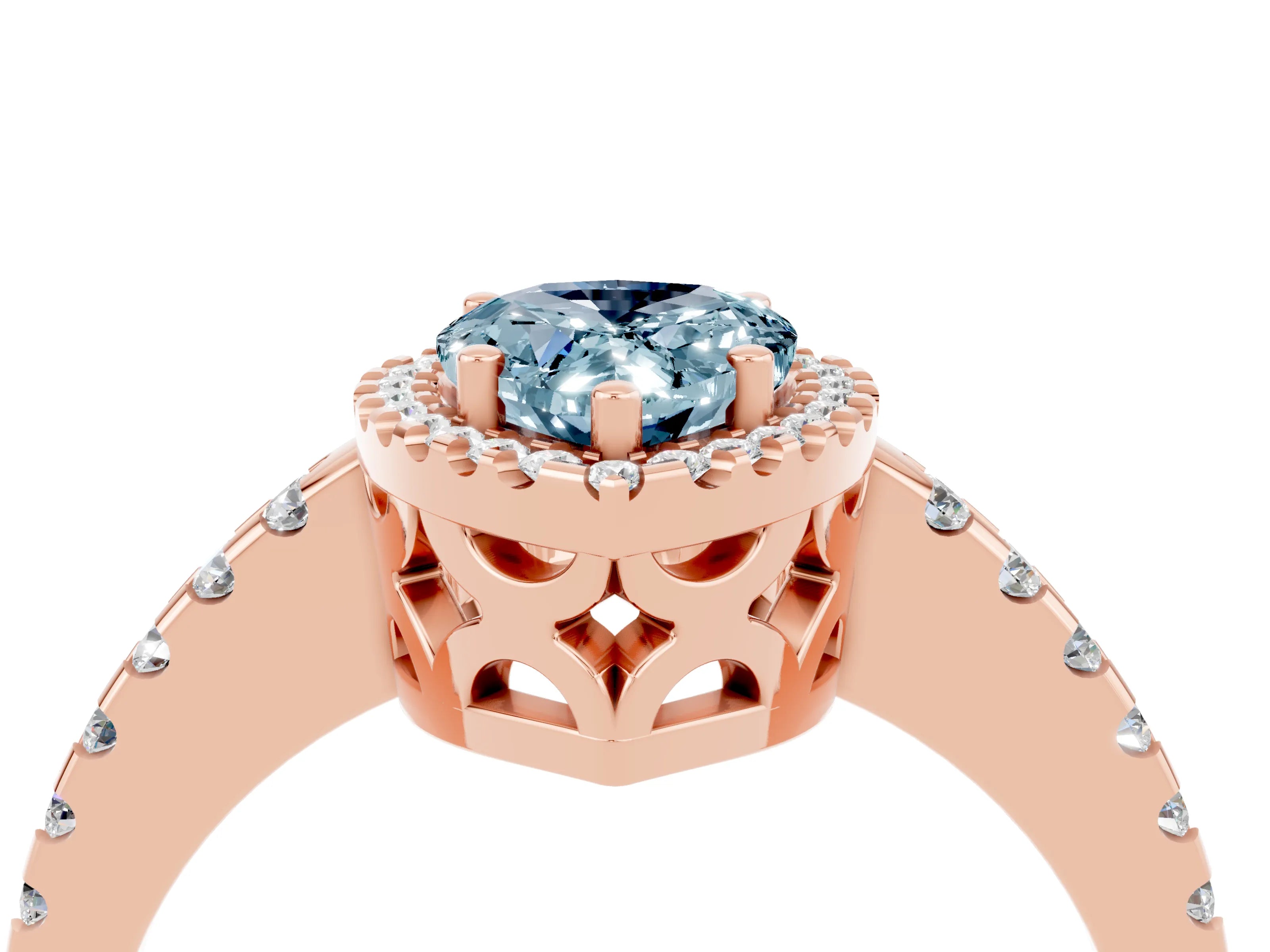 Rose gold Pear Cut Aquamarine Halo Engagement Ring with Pavé Band and Prong Setting_16